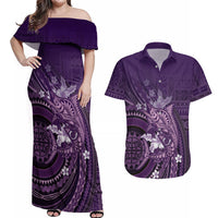 Samoa Tatau Marlin Couples Matching Off Shoulder Maxi Dress and Hawaiian Shirt With Siapo Motifs Violet LT05 Violet - Polynesian Pride