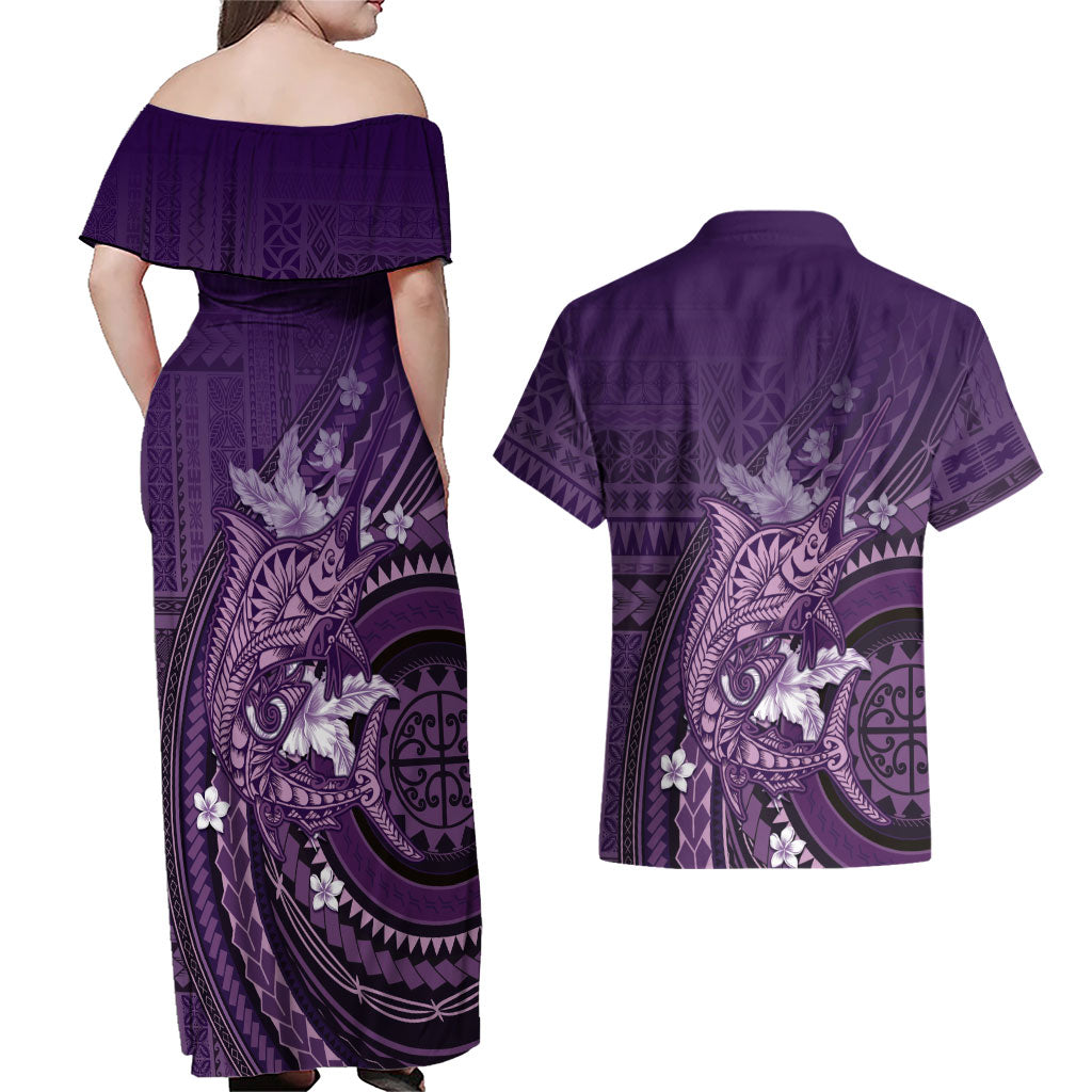 Samoa Tatau Marlin Couples Matching Off Shoulder Maxi Dress and Hawaiian Shirt With Siapo Motifs Violet LT05 - Polynesian Pride
