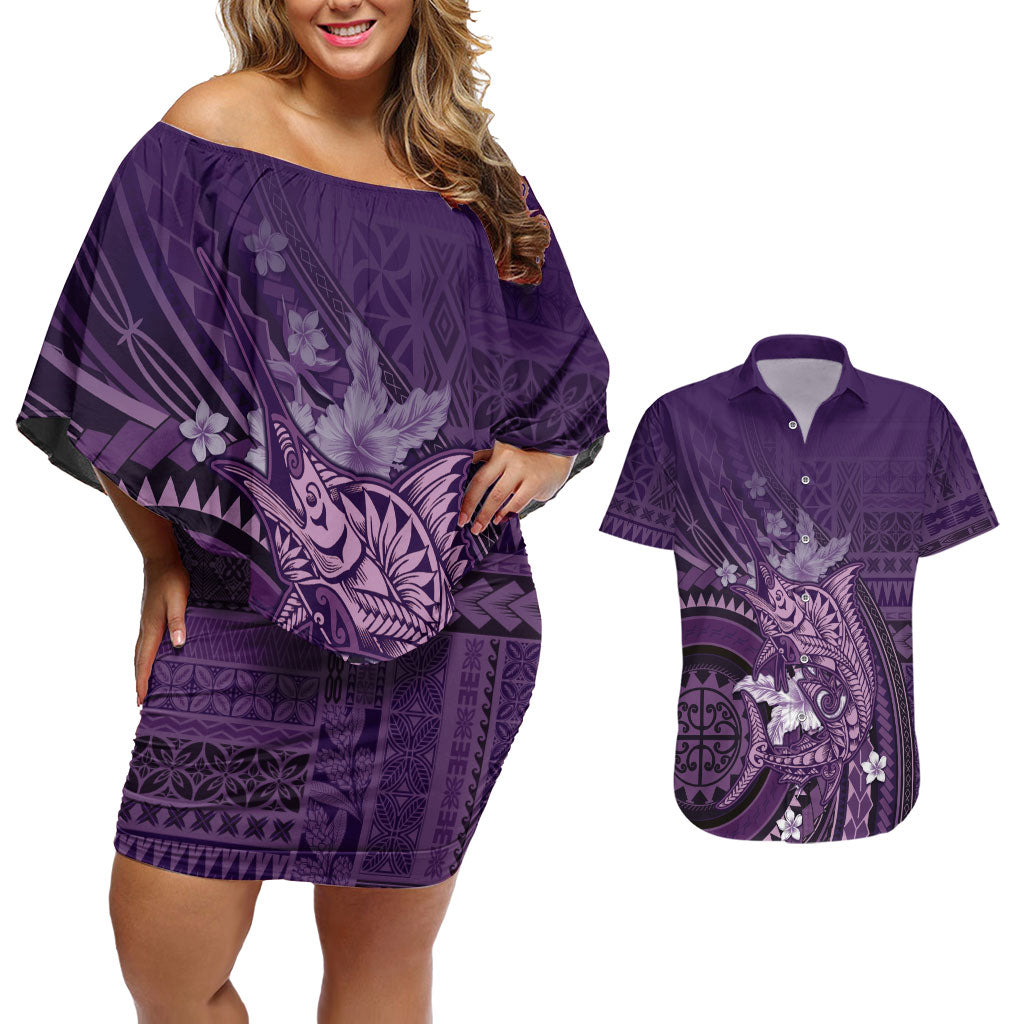 Samoa Tatau Marlin Couples Matching Off Shoulder Short Dress and Hawaiian Shirt With Siapo Motifs Violet LT05 Violet - Polynesian Pride