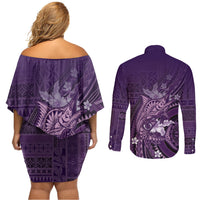 Samoa Tatau Marlin Couples Matching Off Shoulder Short Dress and Long Sleeve Button Shirt With Siapo Motifs Violet