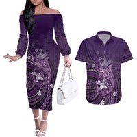 Samoa Tatau Marlin Couples Matching Off The Shoulder Long Sleeve Dress and Hawaiian Shirt With Siapo Motifs Violet LT05 Violet - Polynesian Pride