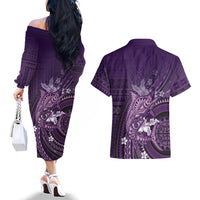 Samoa Tatau Marlin Couples Matching Off The Shoulder Long Sleeve Dress and Hawaiian Shirt With Siapo Motifs Violet LT05 - Polynesian Pride