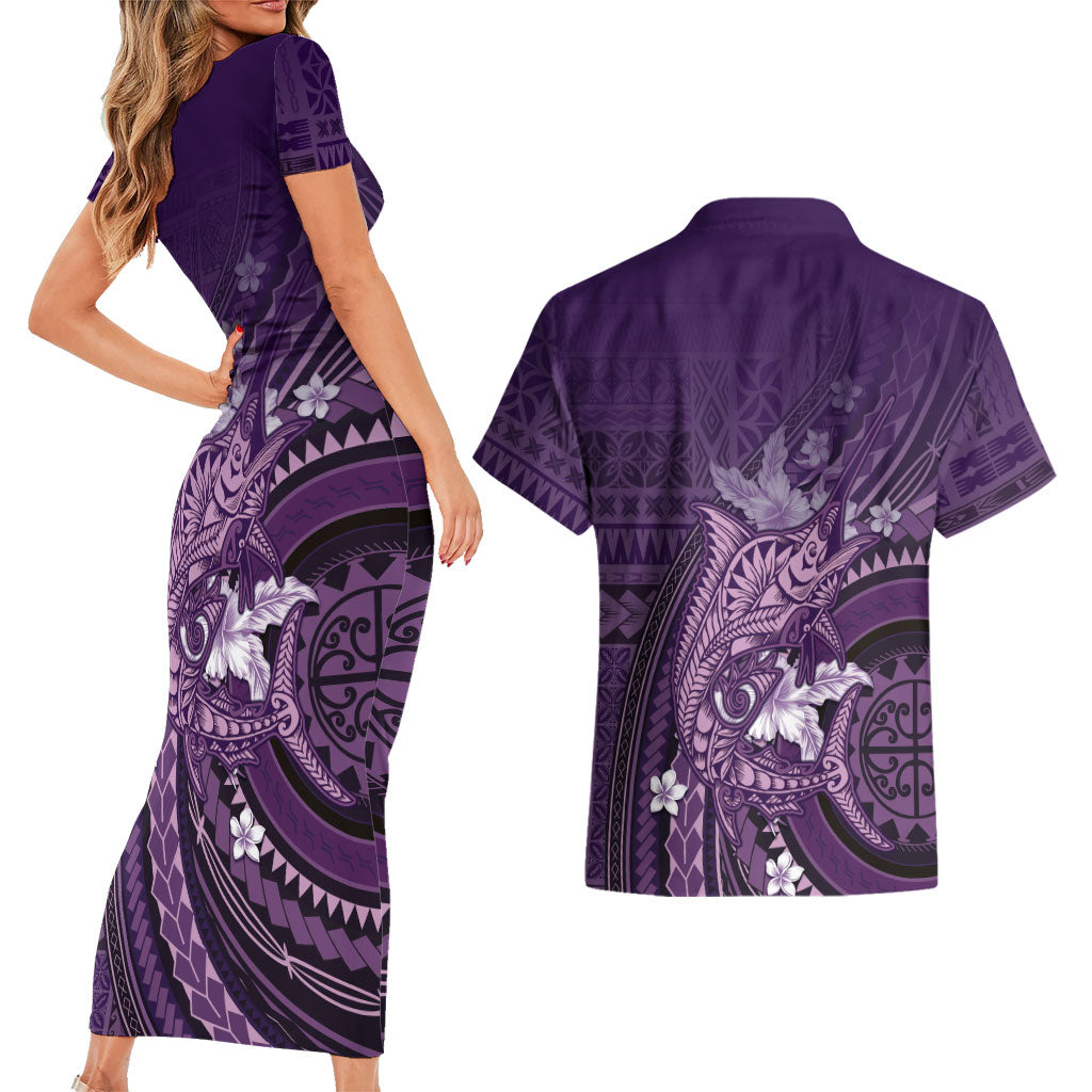 Samoa Tatau Marlin Couples Matching Short Sleeve Bodycon Dress and Hawaiian Shirt With Siapo Motifs Violet LT05 - Polynesian Pride
