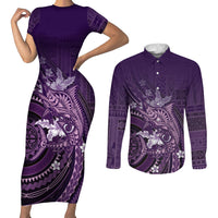 Samoa Tatau Marlin Couples Matching Short Sleeve Bodycon Dress and Long Sleeve Button Shirt With Siapo Motifs Violet LT05 Violet - Polynesian Pride