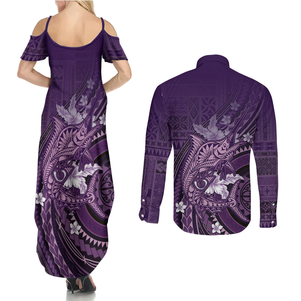 Samoa Tatau Marlin Couples Matching Summer Maxi Dress and Long Sleeve Button Shirt With Siapo Motifs Violet
