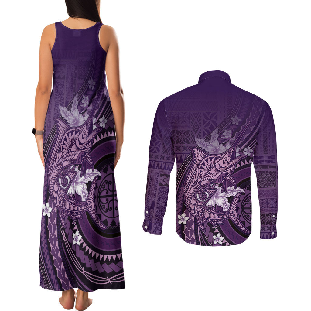 Samoa Tatau Marlin Couples Matching Tank Maxi Dress and Long Sleeve Button Shirt With Siapo Motifs Violet
