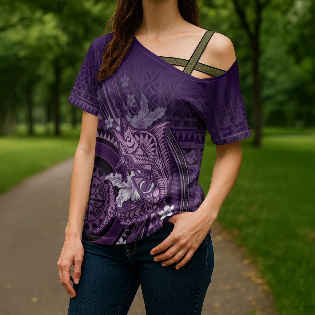 Samoa Tatau Marlin Cross Shoulder Shirt With Siapo Motifs Violet