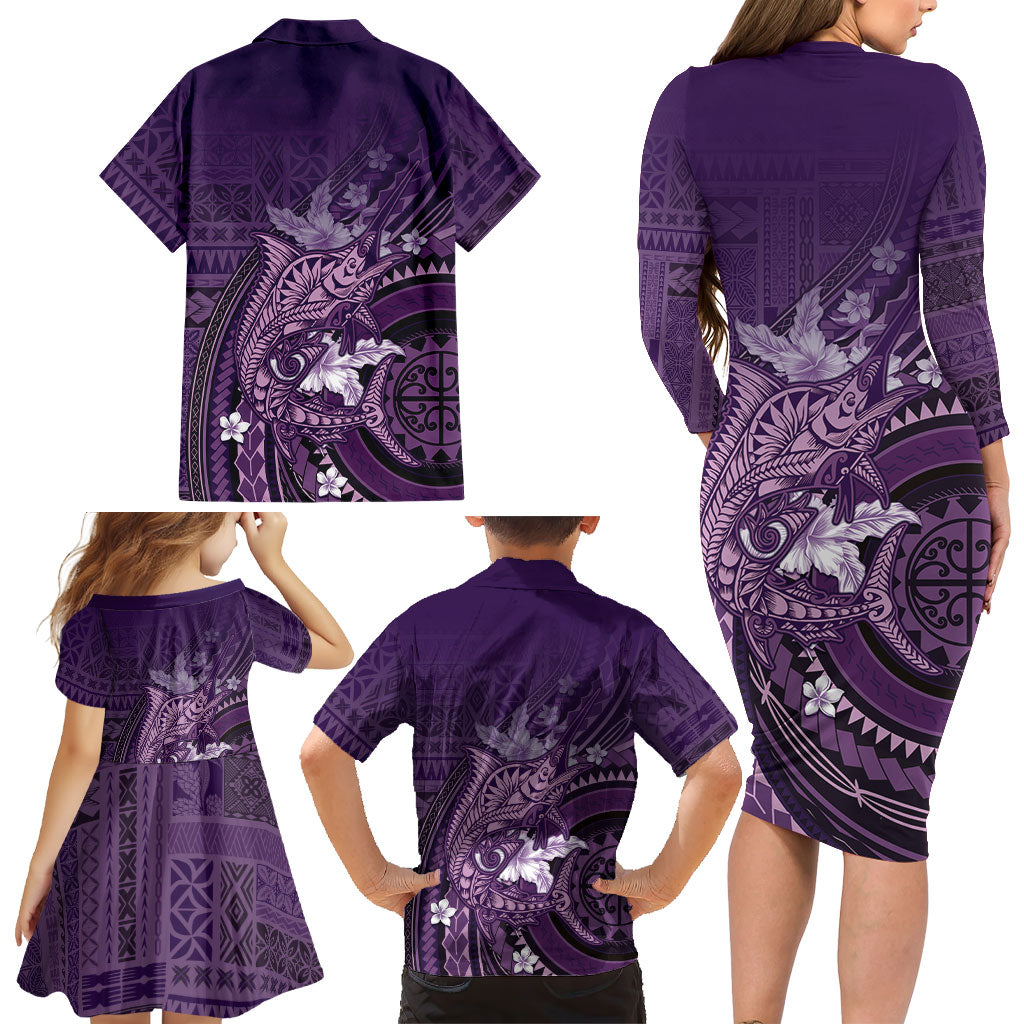 Samoa Tatau Marlin Family Matching Long Sleeve Bodycon Dress and Hawaiian Shirt With Siapo Motifs Violet LT05 - Polynesian Pride