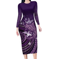 Samoa Tatau Marlin Family Matching Long Sleeve Bodycon Dress and Hawaiian Shirt With Siapo Motifs Violet LT05 Mom's Dress Violet - Polynesian Pride