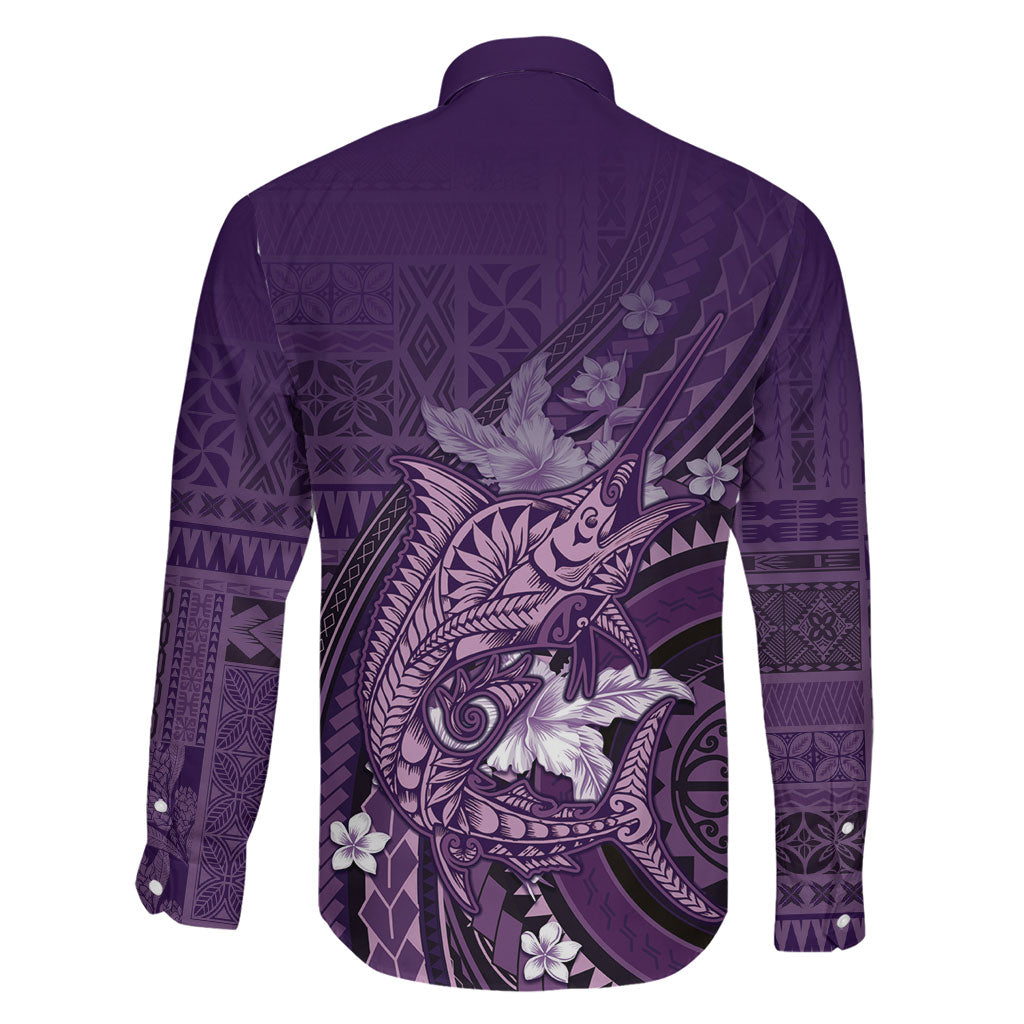 Samoa Tatau Marlin Family Matching Off The Shoulder Long Sleeve Dress and Hawaiian Shirt With Siapo Motifs Violet LT05 - Polynesian Pride