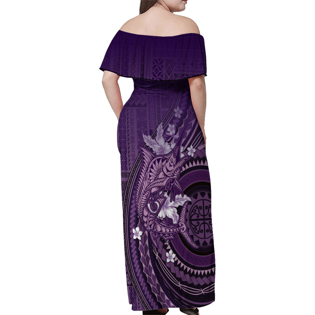 Samoa Tatau Marlin Family Matching Off Shoulder Maxi Dress and Hawaiian Shirt With Siapo Motifs Violet LT05 - Polynesian Pride