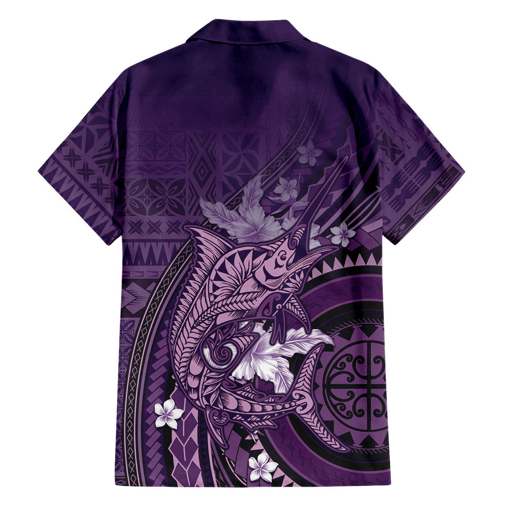 Samoa Tatau Marlin Family Matching Off Shoulder Short Dress and Hawaiian Shirt With Siapo Motifs Violet LT05 - Polynesian Pride