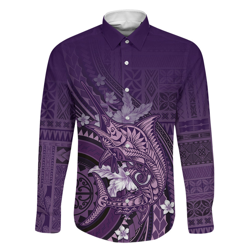 Samoa Tatau Marlin Family Matching Puletasi and Hawaiian Shirt With Siapo Motifs Violet LT05 Dad's Shirt - Long Sleeve Violet - Polynesian Pride