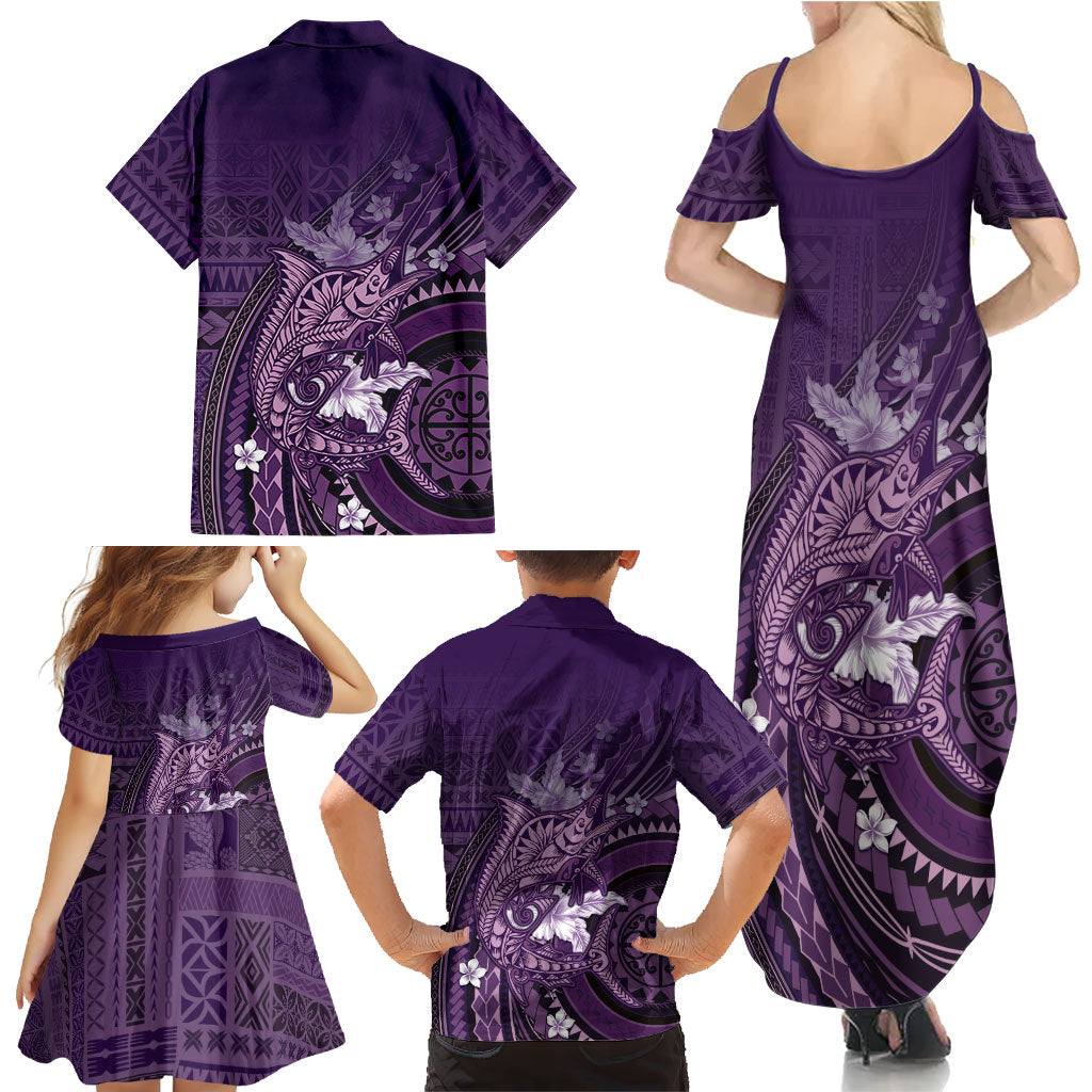Samoa Tatau Marlin Family Matching Summer Maxi Dress and Hawaiian Shirt With Siapo Motifs Violet LT05 - Polynesian Pride