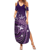 Samoa Tatau Marlin Family Matching Summer Maxi Dress and Hawaiian Shirt With Siapo Motifs Violet LT05 Mom's Dress Violet - Polynesian Pride