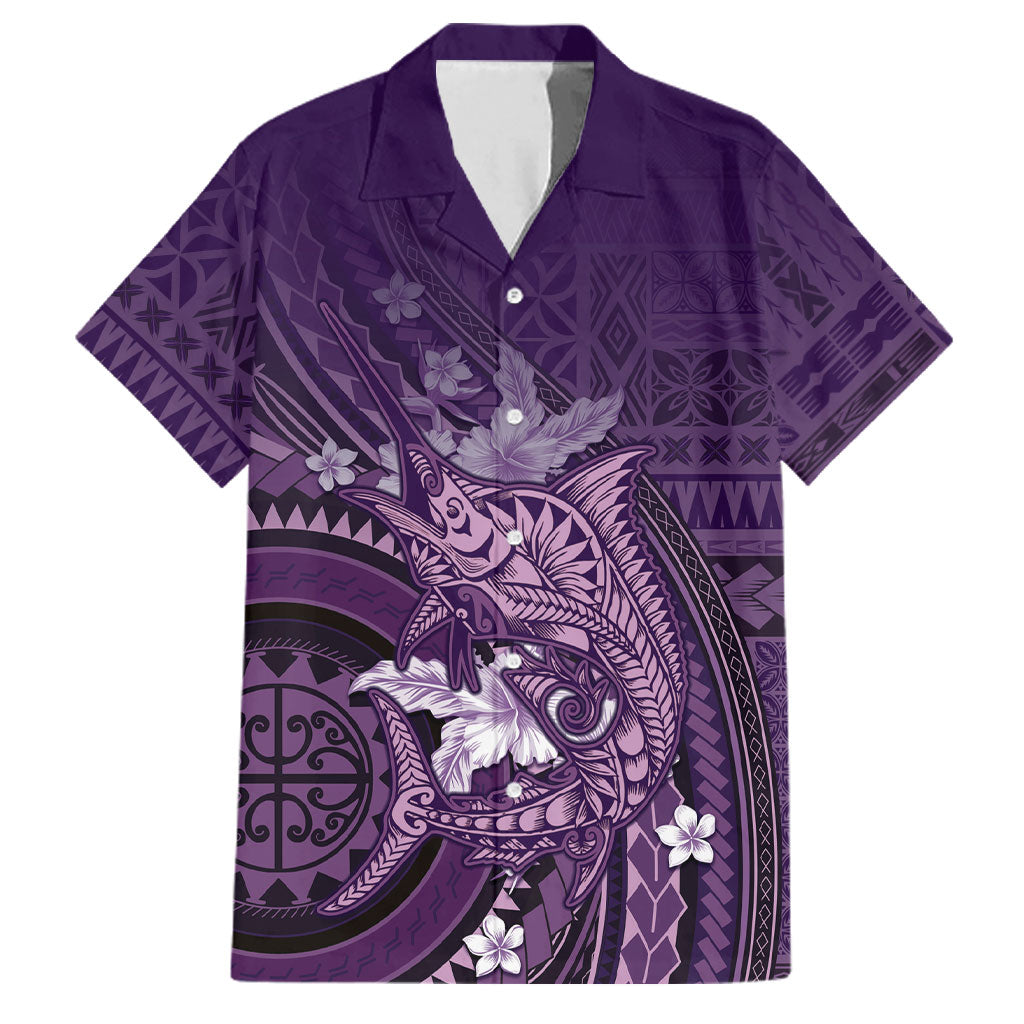 Samoa Tatau Marlin Family Matching Tank Maxi Dress and Hawaiian Shirt With Siapo Motifs Violet LT05 Dad's Shirt - Short Sleeve Violet - Polynesian Pride