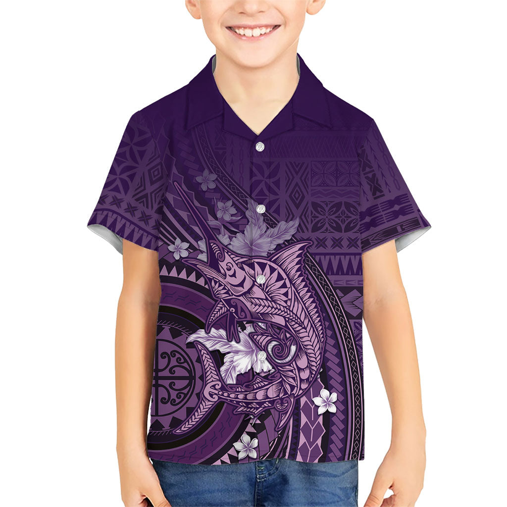 Samoa Tatau Marlin Family Matching Tank Maxi Dress and Hawaiian Shirt With Siapo Motifs Violet LT05 Son's Shirt Violet - Polynesian Pride