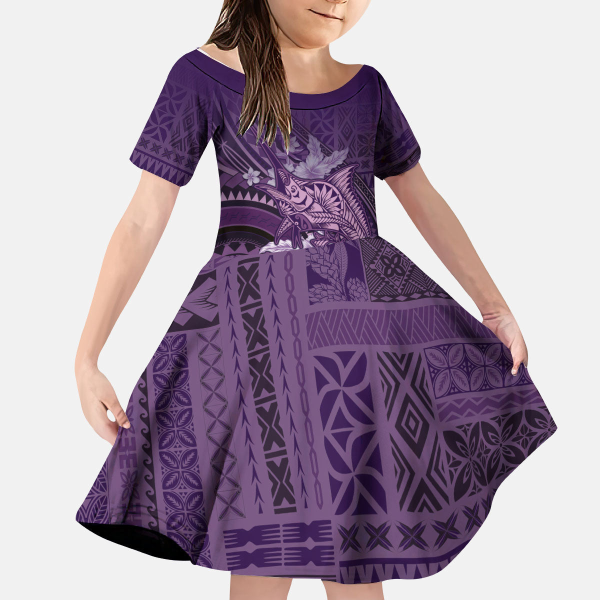 Samoa Tatau Marlin Kid Short Sleeve Dress With Siapo Motifs Violet LT05 KID Violet - Polynesian Pride