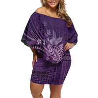 Samoa Tatau Marlin Off Shoulder Short Dress With Siapo Motifs Violet LT05 Women Violet - Polynesian Pride