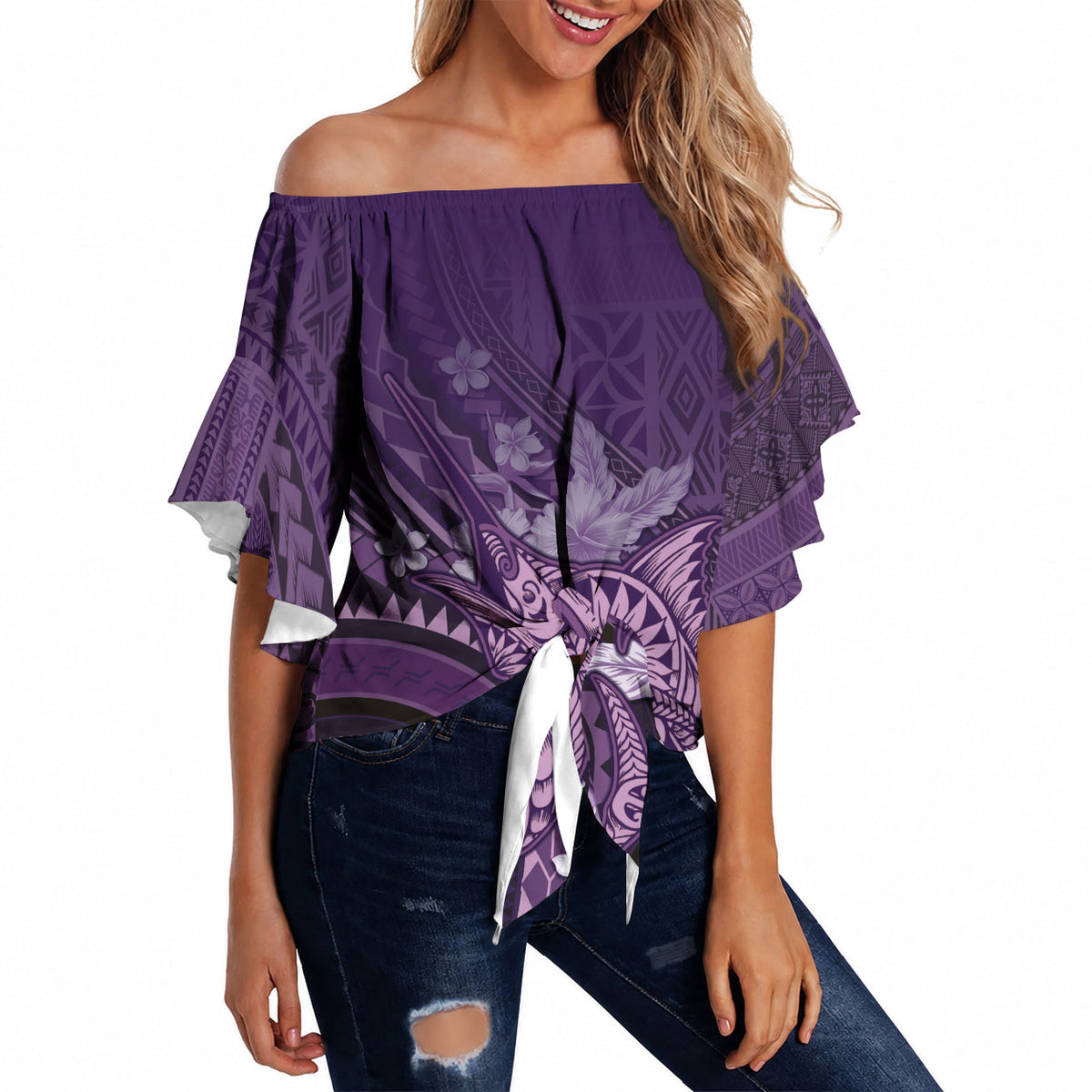 Samoa Tatau Marlin Off Shoulder Wrap Waist Top With Siapo Motifs Violet LT05 - Polynesian Pride