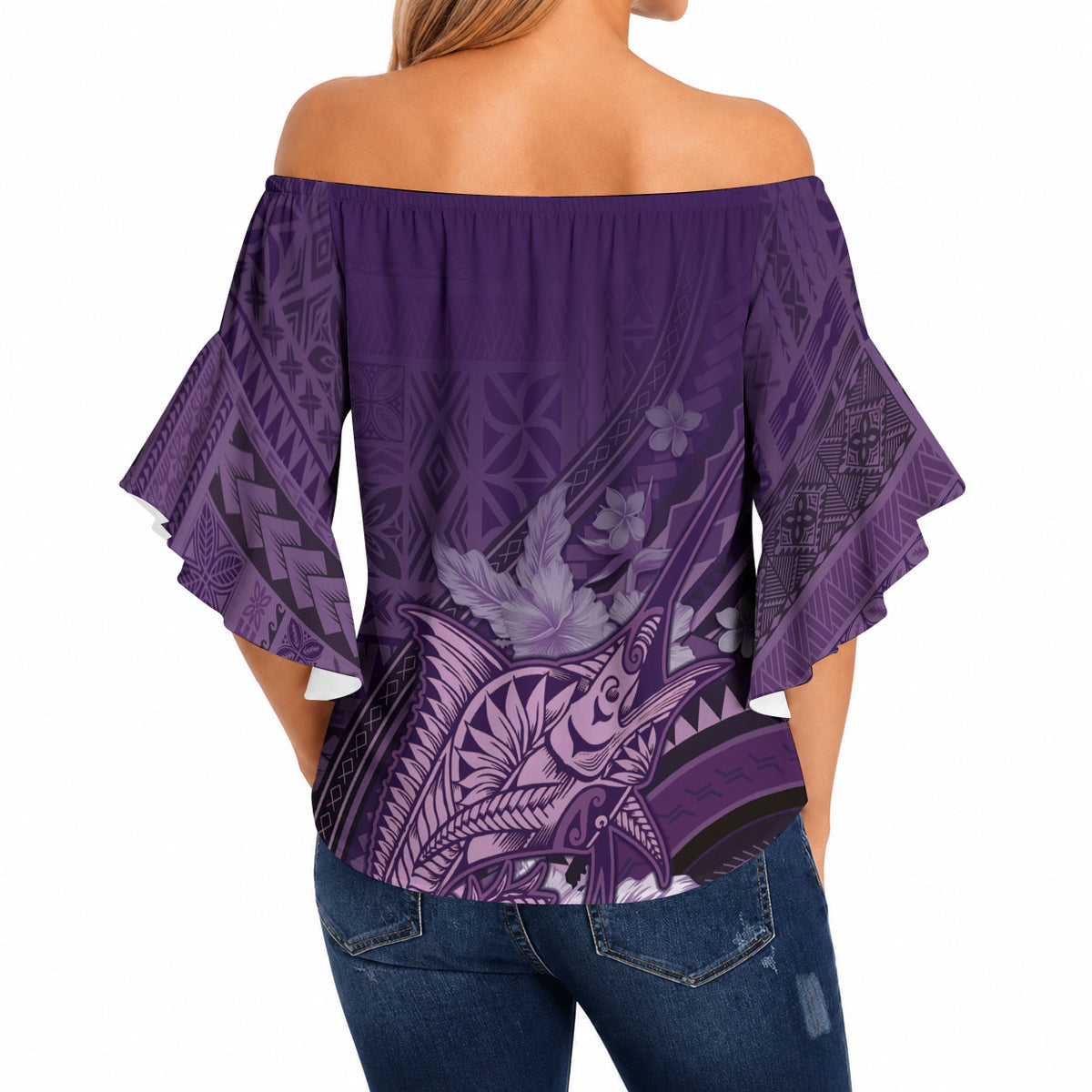 Samoa Tatau Marlin Off Shoulder Wrap Waist Top With Siapo Motifs Violet LT05 - Polynesian Pride