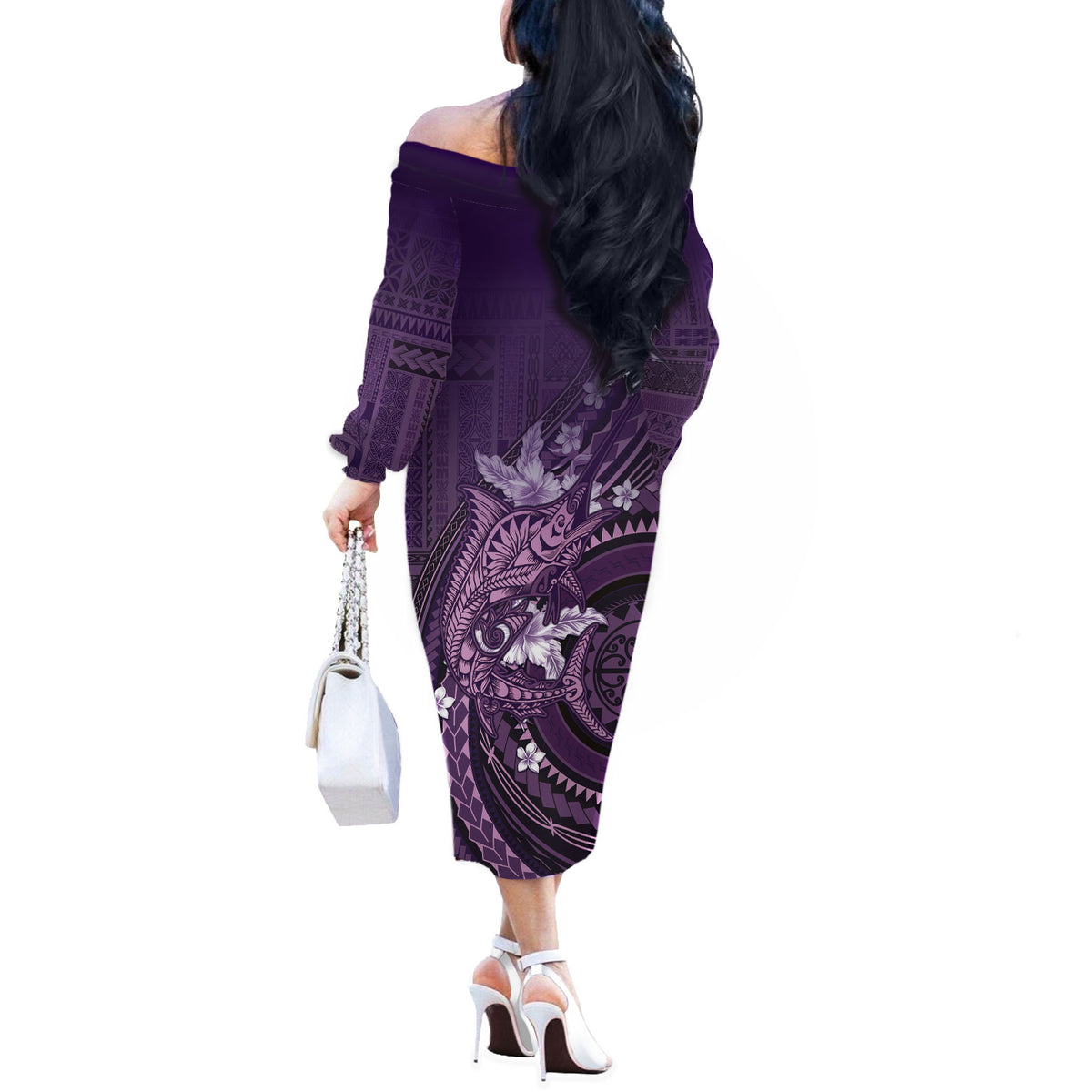 Samoa Tatau Marlin Off The Shoulder Long Sleeve Dress With Siapo Motifs Violet LT05 - Polynesian Pride