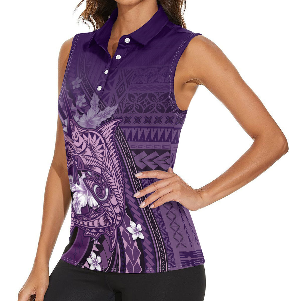 Samoa Tatau Marlin Women Sleeveless Polo Shirt With Siapo Motifs Violet
