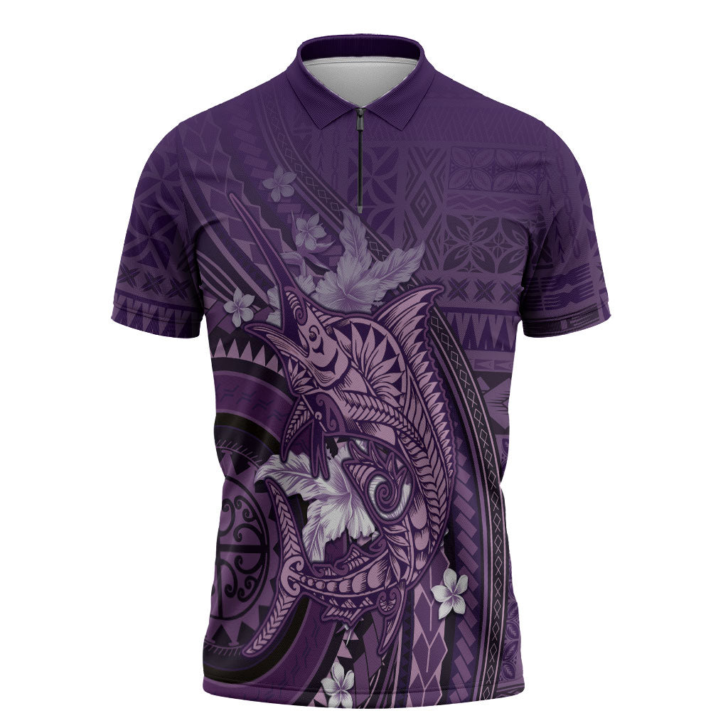 Samoa Tatau Marlin Zipper Polo Shirt With Siapo Motifs Violet LT05 Violet - Polynesian Pride