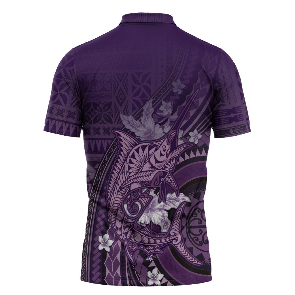 Samoa Tatau Marlin Zipper Polo Shirt With Siapo Motifs Violet LT05 - Polynesian Pride