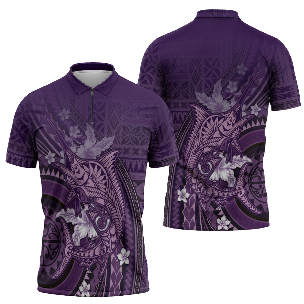 Samoa Tatau Marlin Zipper Polo Shirt With Siapo Motifs Violet LT05 - Polynesian Pride