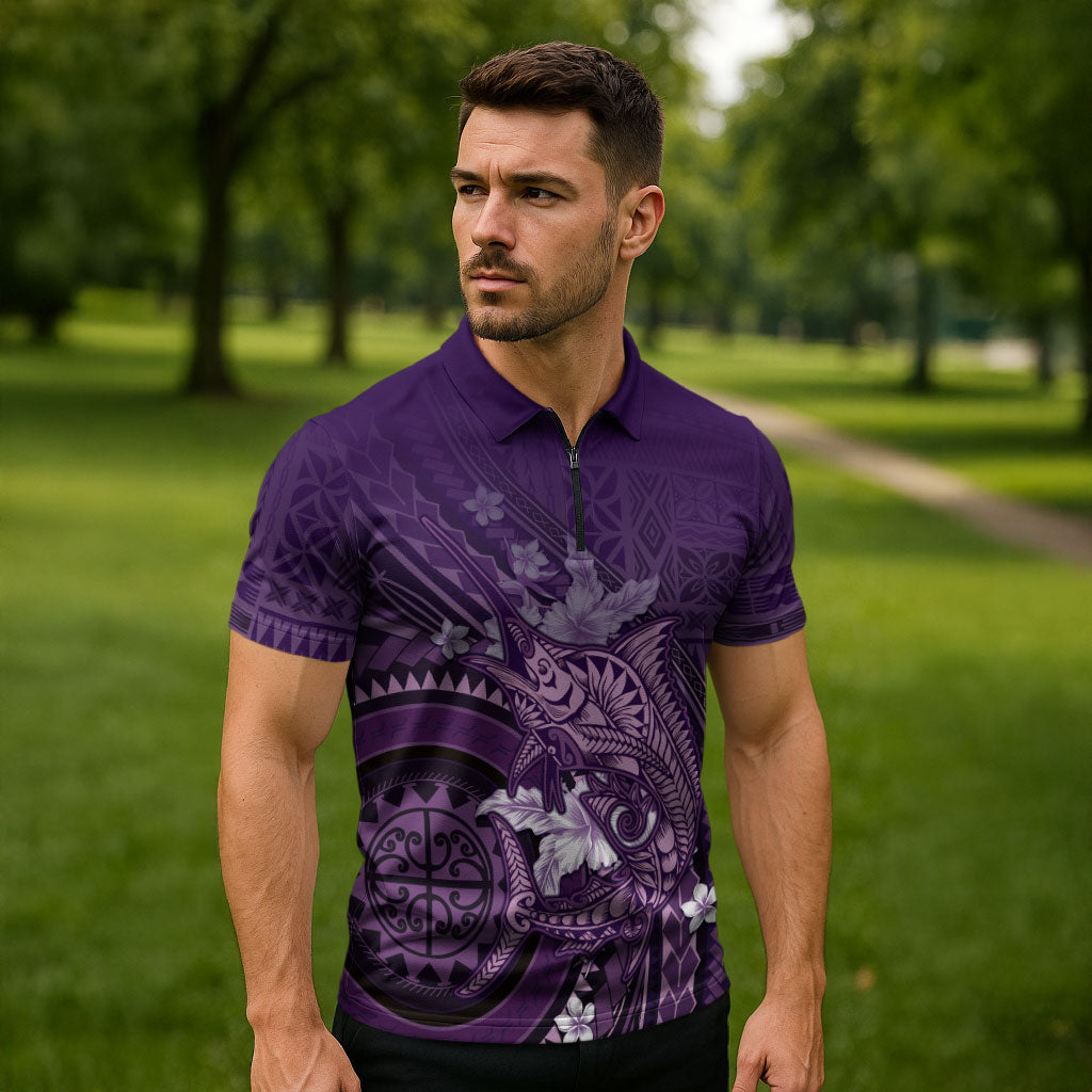 Samoa Tatau Marlin Zipper Polo Shirt With Siapo Motifs Violet LT05 - Polynesian Pride