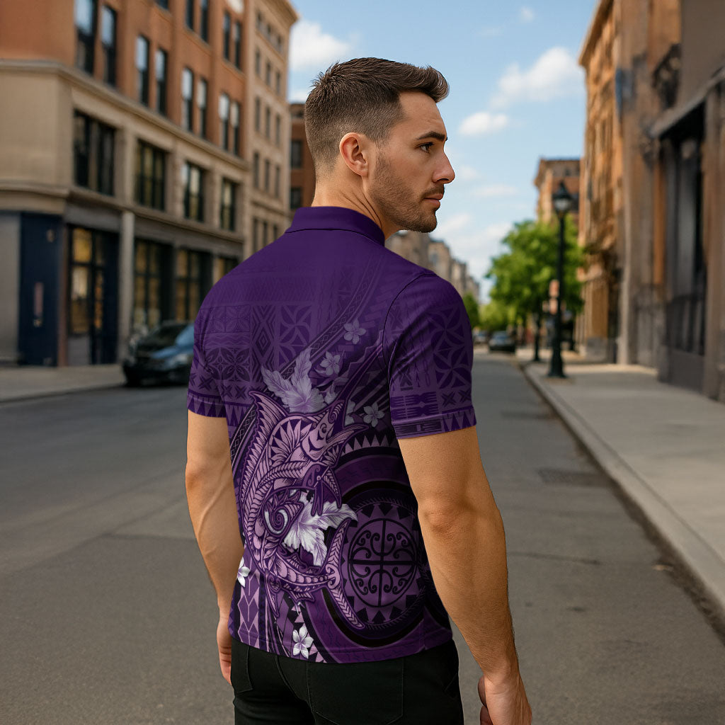 Samoa Tatau Marlin Zipper Polo Shirt With Siapo Motifs Violet LT05 - Polynesian Pride