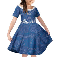 Wikin te Taetae ni Kiribati Family Matching Long Sleeve Bodycon Dress and Hawaiian Shirt Pacific Tapa Pattern LT05 Daughter's Dress Blue - Polynesian Pride