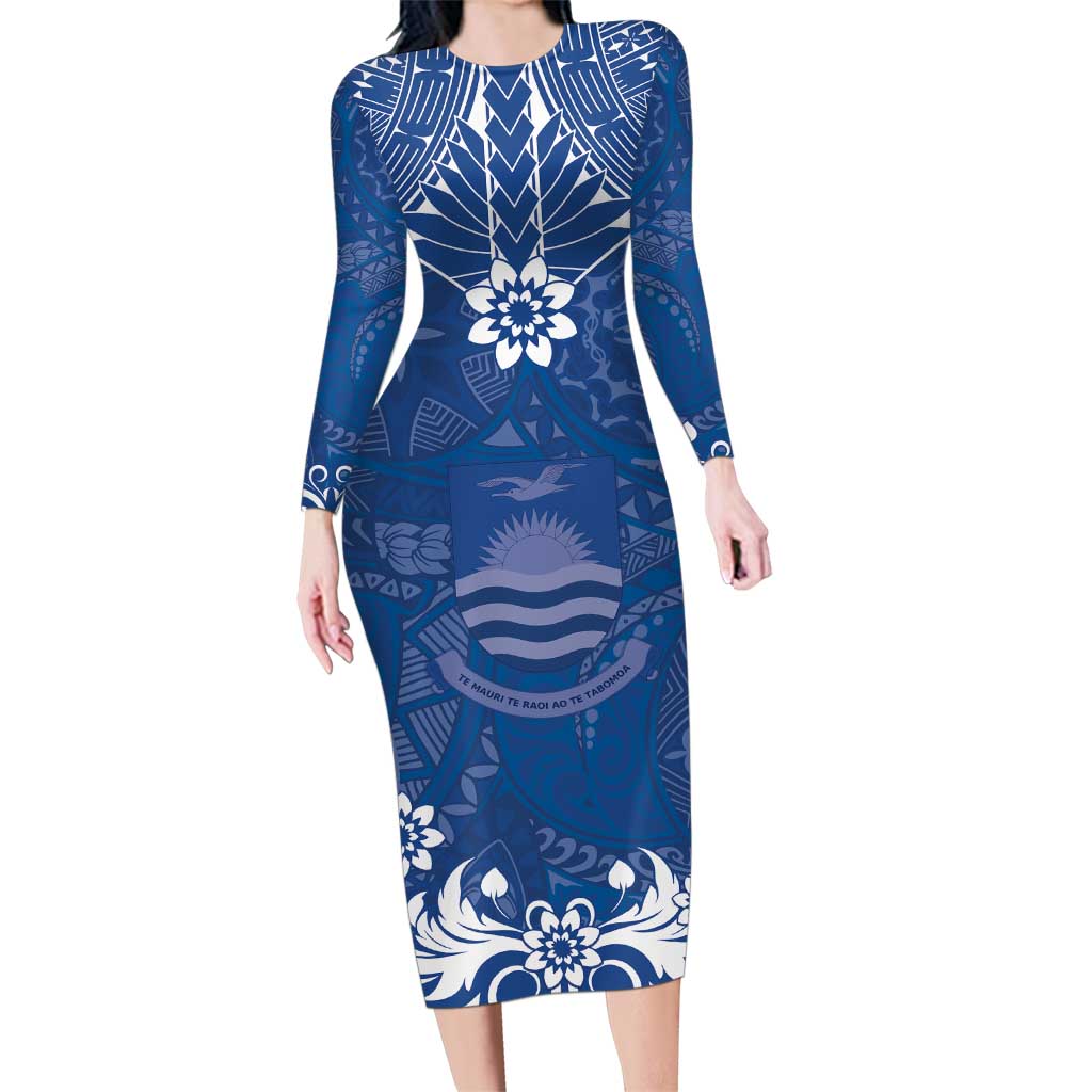 Wikin te Taetae ni Kiribati Family Matching Long Sleeve Bodycon Dress and Hawaiian Shirt Pacific Tapa Pattern LT05 Mom's Dress Blue - Polynesian Pride
