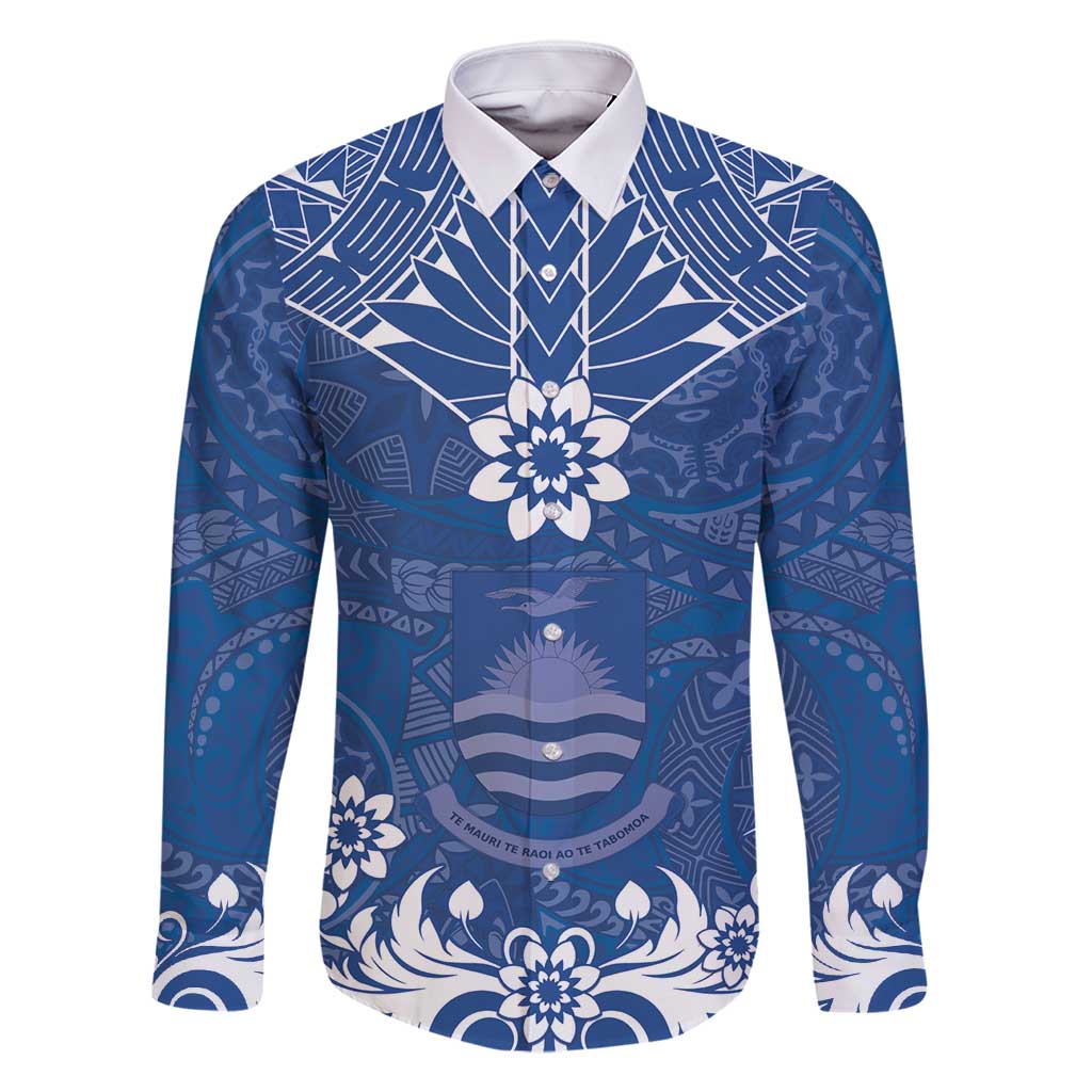 Wikin te Taetae ni Kiribati Family Matching Mermaid Dress and Hawaiian Shirt Pacific Tapa Pattern LT05 Dad's Shirt - Long Sleeve Blue - Polynesian Pride