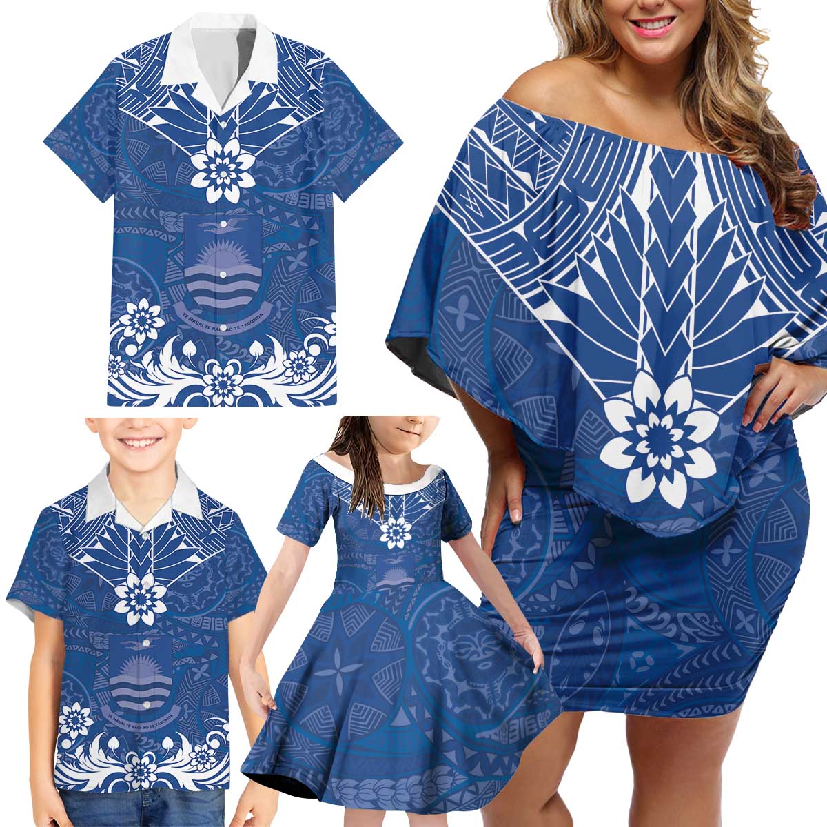 Wikin te Taetae ni Kiribati Family Matching Off Shoulder Short Dress and Hawaiian Shirt Pacific Tapa Pattern LT05 - Polynesian Pride