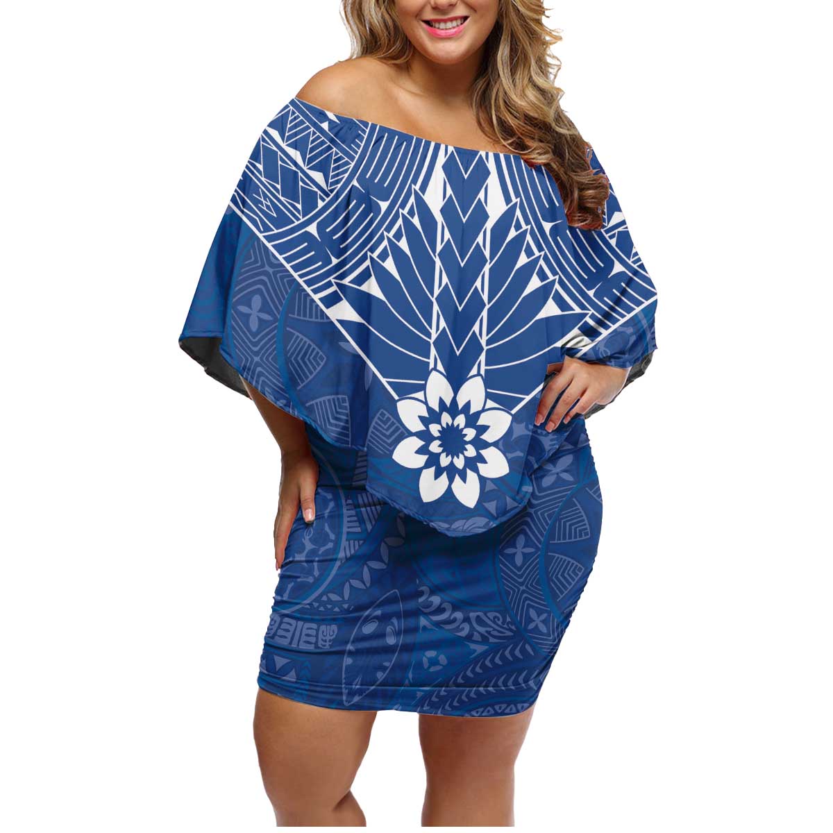 Wikin te Taetae ni Kiribati Family Matching Off Shoulder Short Dress and Hawaiian Shirt Pacific Tapa Pattern LT05 Mom's Dress Blue - Polynesian Pride
