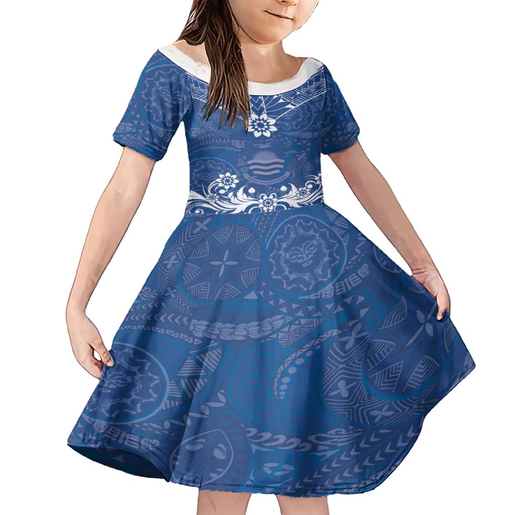 Wikin te Taetae ni Kiribati Family Matching Short Sleeve Bodycon Dress and Hawaiian Shirt Pacific Tapa Pattern LT05 Daughter's Dress Blue - Polynesian Pride