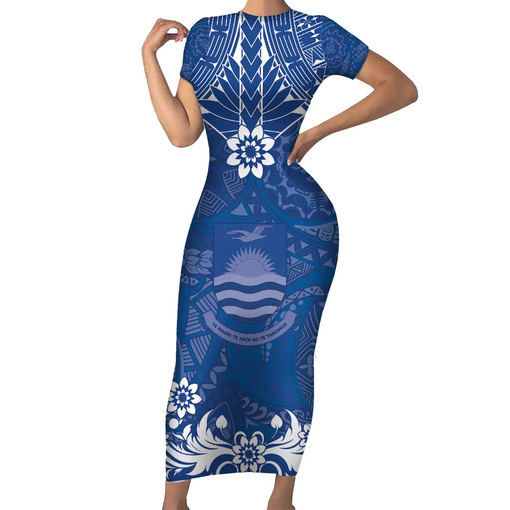 Wikin te Taetae ni Kiribati Family Matching Short Sleeve Bodycon Dress and Hawaiian Shirt Pacific Tapa Pattern LT05 Mom's Dress Blue - Polynesian Pride