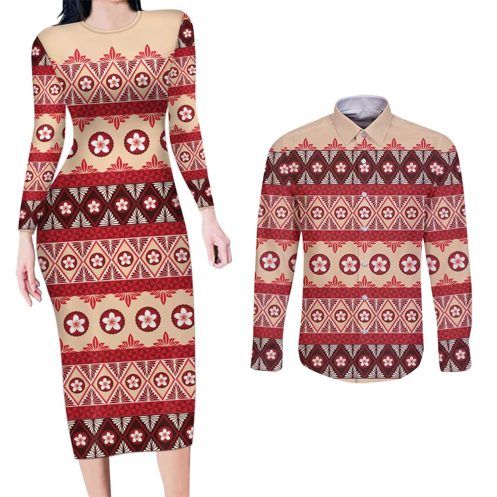 Tonga Language Week Couples Matching Long Sleeve Bodycon Dress and Long Sleeve Button Shirt Lea Faka-Tonga Everyday LT05 Beige - Polynesian Pride