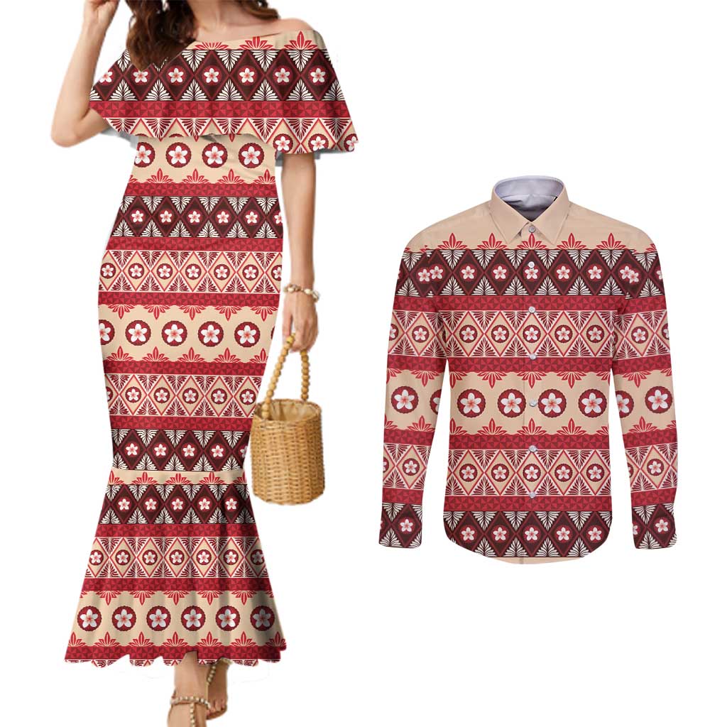 Tonga Language Week Couples Matching Mermaid Dress and Long Sleeve Button Shirt Lea Faka-Tonga Everyday LT05 Beige - Polynesian Pride