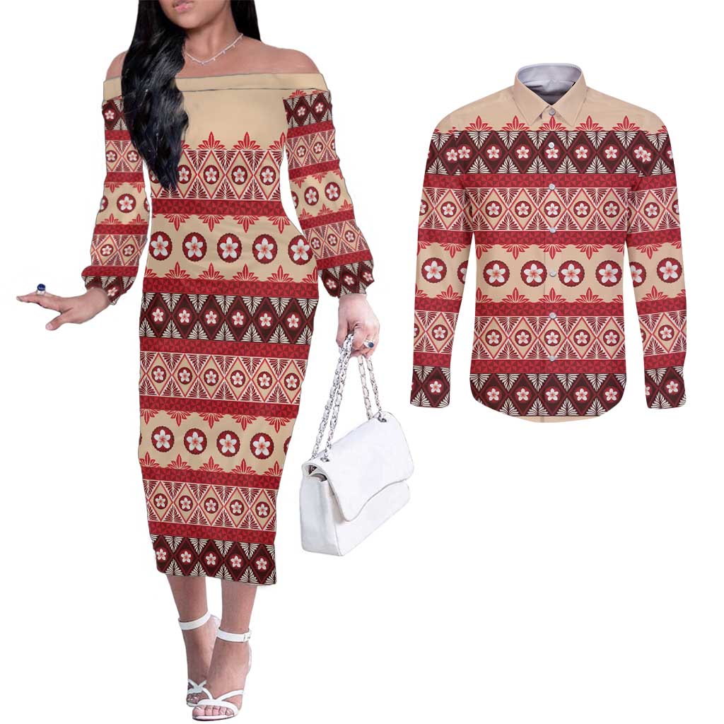 Tonga Language Week Couples Matching Off The Shoulder Long Sleeve Dress and Long Sleeve Button Shirt Lea Faka-Tonga Everyday LT05 Beige - Polynesian Pride