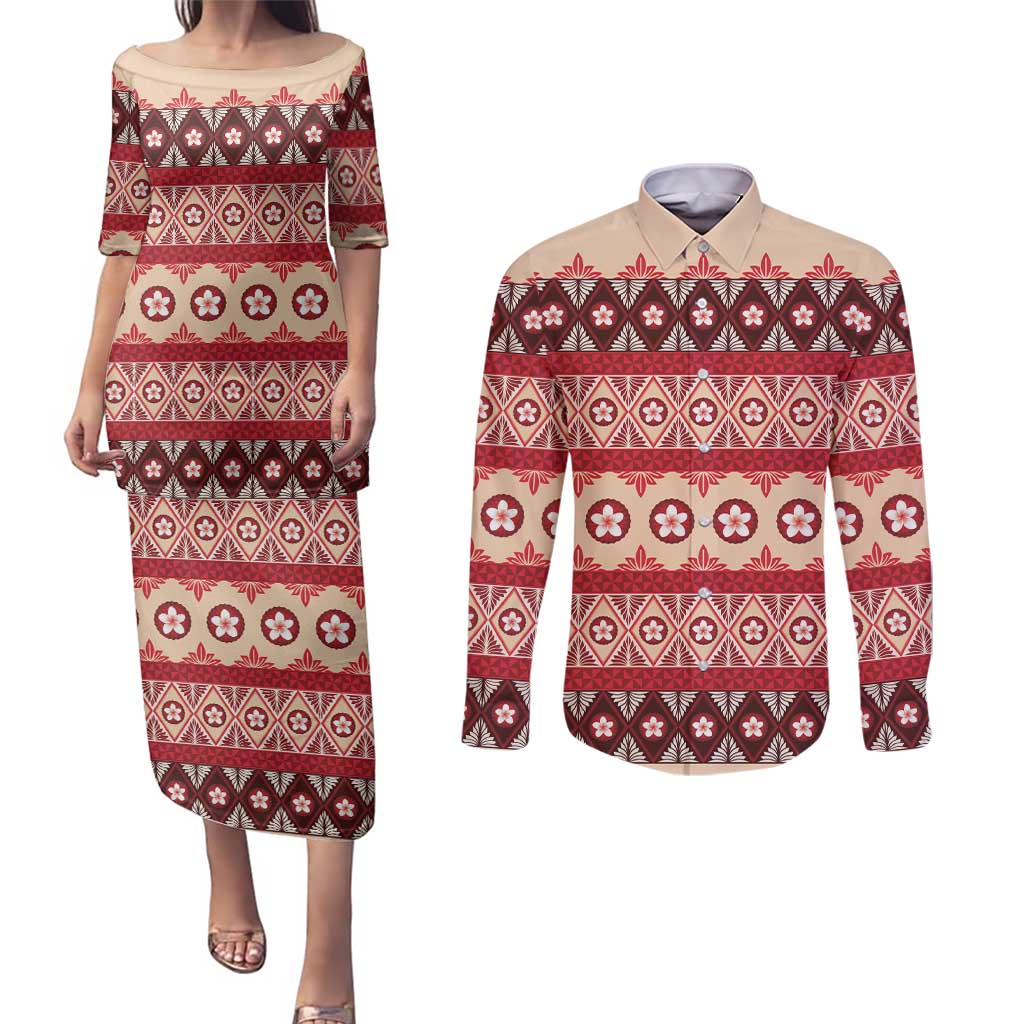 Tonga Language Week Couples Matching Puletasi and Long Sleeve Button Shirt Lea Faka-Tonga Everyday LT05 Beige - Polynesian Pride