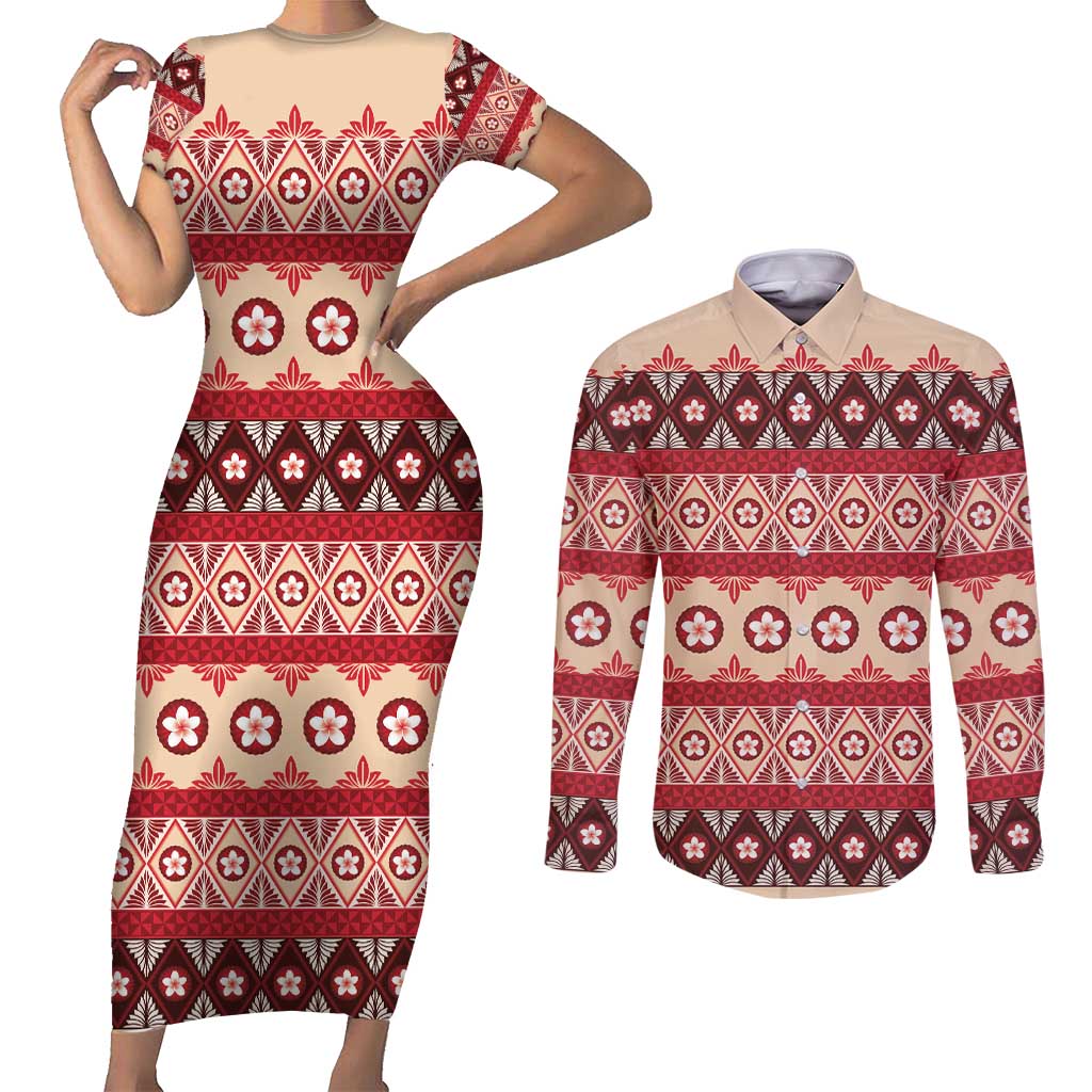 Tonga Language Week Couples Matching Short Sleeve Bodycon Dress and Long Sleeve Button Shirt Lea Faka-Tonga Everyday LT05 Beige - Polynesian Pride