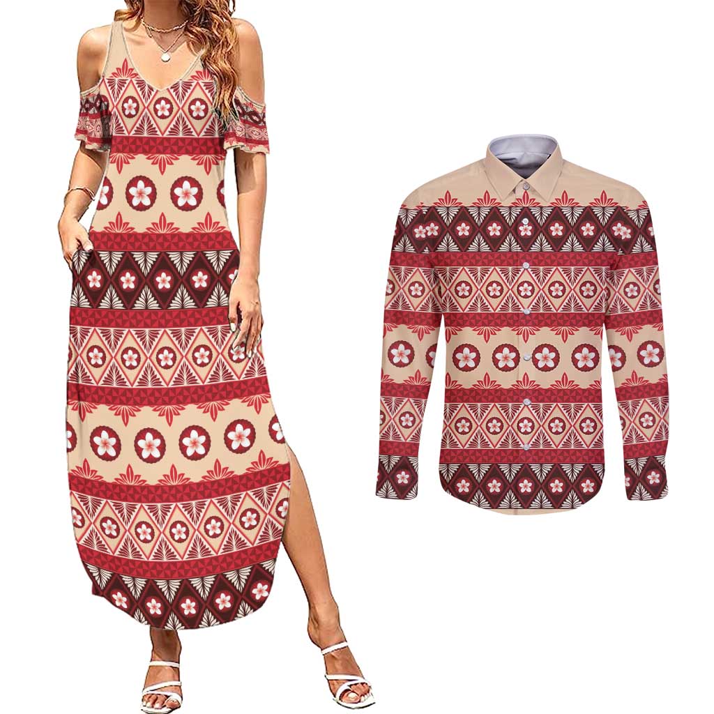 Tonga Language Week Couples Matching Summer Maxi Dress and Long Sleeve Button Shirt Lea Faka-Tonga Everyday LT05 Beige - Polynesian Pride
