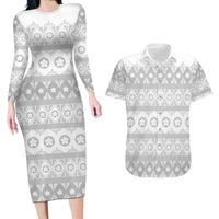 Tonga White Sunday Couples Matching Long Sleeve Bodycon Dress and Hawaiian Shirt Tongan Ngatu Siale Pattern LT05 White - Polynesian Pride