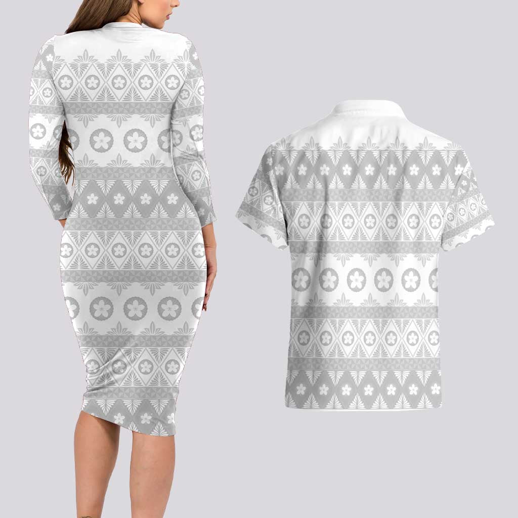 Tonga White Sunday Couples Matching Long Sleeve Bodycon Dress and Hawaiian Shirt Tongan Ngatu Siale Pattern LT05 - Polynesian Pride
