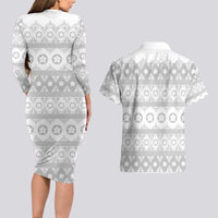 Tonga White Sunday Couples Matching Long Sleeve Bodycon Dress and Hawaiian Shirt Tongan Ngatu Siale Pattern LT05 - Polynesian Pride