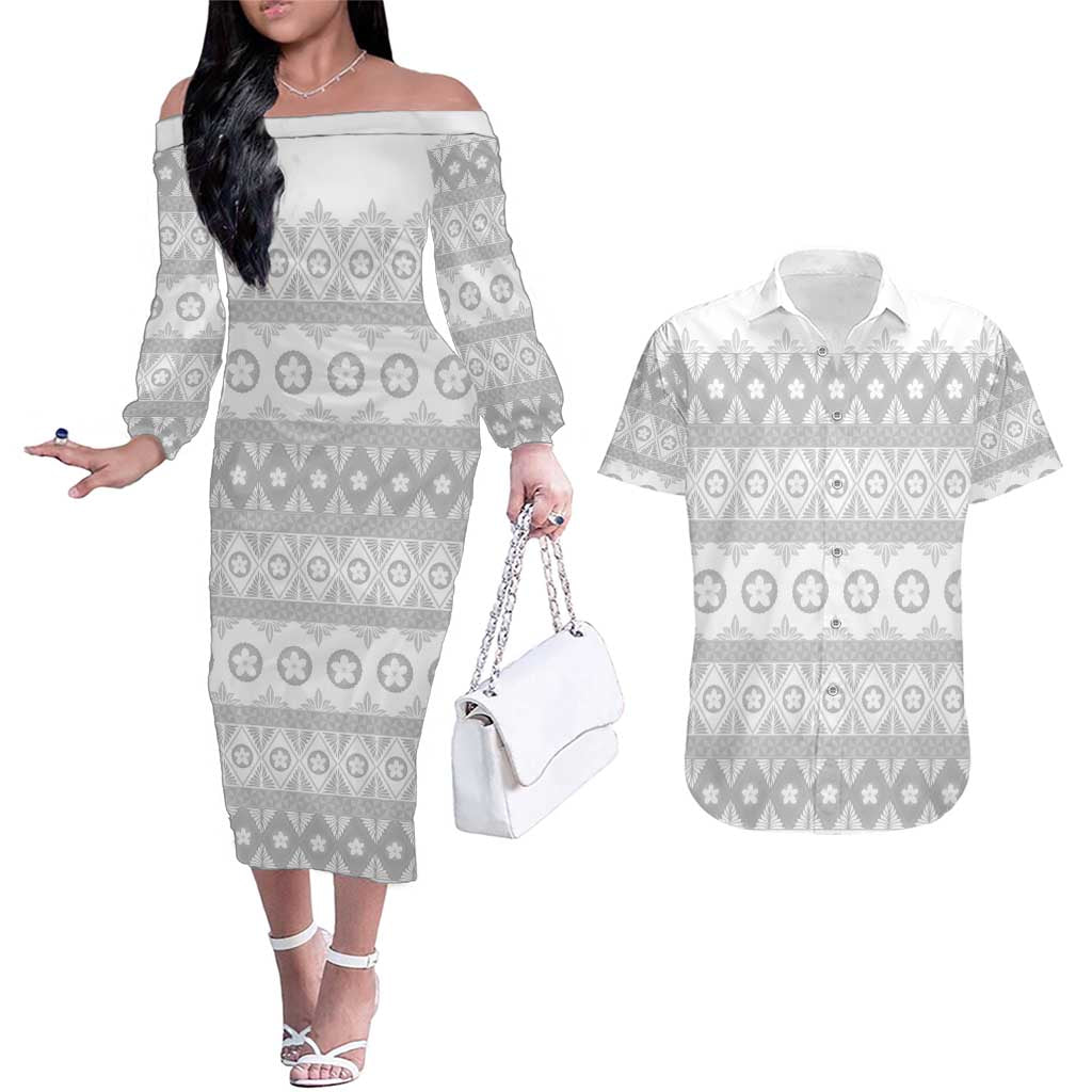 Tonga White Sunday Couples Matching Off The Shoulder Long Sleeve Dress and Hawaiian Shirt Tongan Ngatu Siale Pattern LT05 White - Polynesian Pride