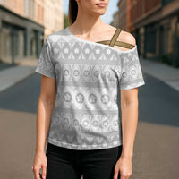 Tonga White Sunday Cross Shoulder Shirt Tongan Ngatu Siale Pattern - Polynesian Pride